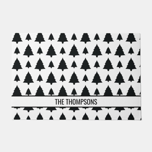 Tapete Padrão e Texto da Árvore de Natal Preto e Branco (Frente)