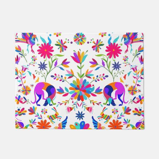 Tapete Padrão estilo Otomi com Weims, Coelhos e Pássaros  (Frente)