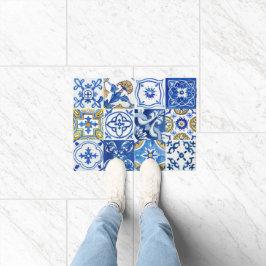 Tapete Padrão Floral Azul, Branco e Amarelo do Mediterrân