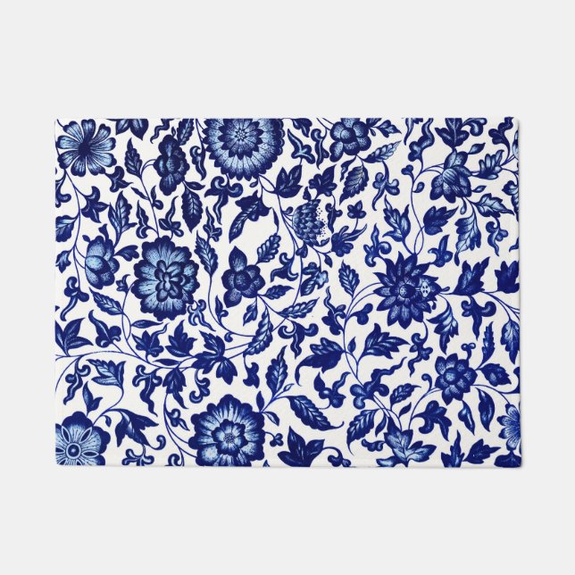 Tapete Padrão floral azul-marinho chinês em branco (Frente)
