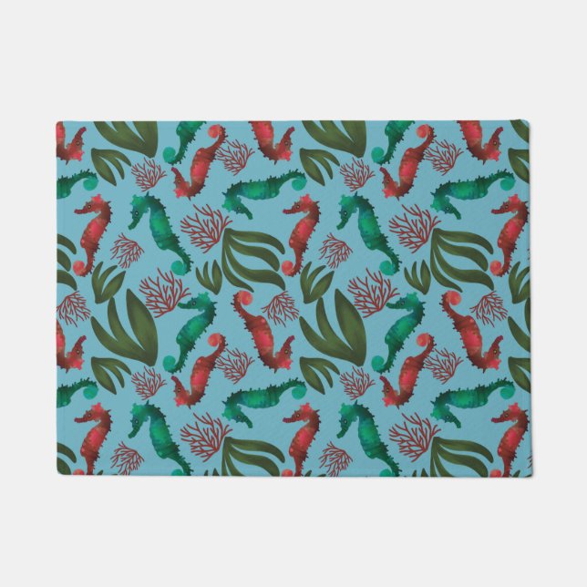 Tapete Padrão Náutico do Cavalo do Mar de Aquarela (Frente)