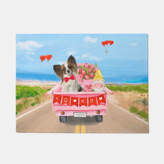 Tapete Papillon Dog Truck Hearts Dia de os namorados (Frente)