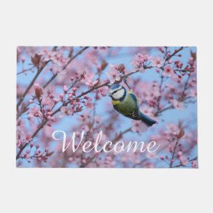 Tapete Pássaro azul-tit em flores cor-de-rosa japonesas