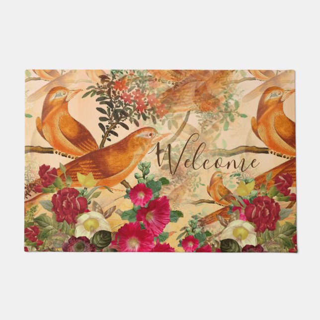 Tapete Pássaros no Branch Teal, Laranja, Amarelo de Boas- (Frente)