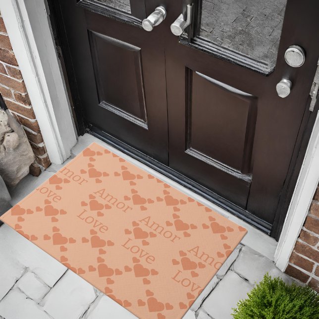 Tapete Peach Fuzz Love Corta Texto Bilíngue "Amor" (cute peach hearts, bilingual text Doormat with "amor-love" customiszable
Multilingual project.)
