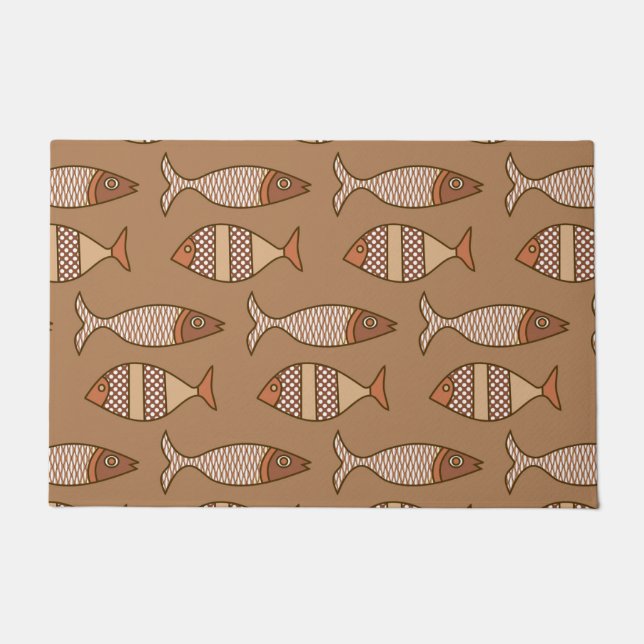 Tapete Peixes Modernos Retro, Tan, Beige e Porta Marrom (Frente)