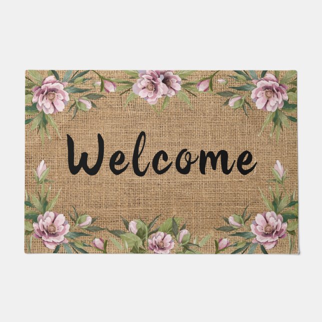 Tapete Peonies cor-de-rosa Primavera Burlap Doormat (Frente)