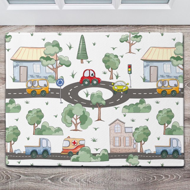 Tapete Pequena Cidade e Carros Padrão Colorido (Criador carregado)