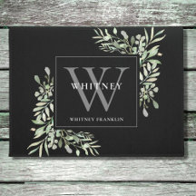 Personalizado Monograma Cinza Verde Floral Preto