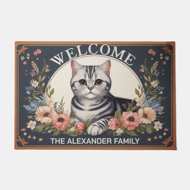 Tapete Personalized American shorthair Cat Floral Welcome (Frente)