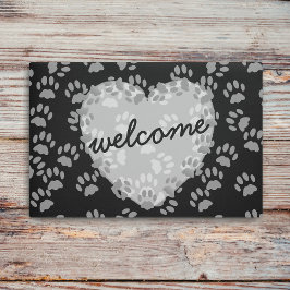 Tapete Pet Paw Print Heart Bem-vindo à Porta Branca Preta