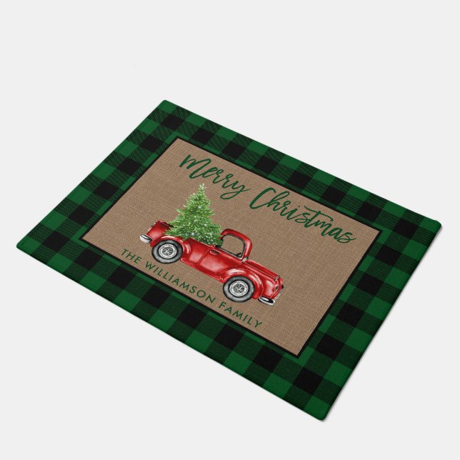 Tapete Pincel Roteiro Xadrez Verde Burlap Christmas Truck (Inclinado)