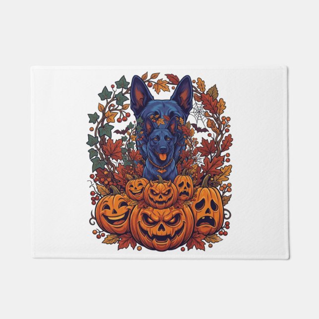 Tapete Pitbull Azul Abóboras de Halloween Folhas de Outon (Frente)