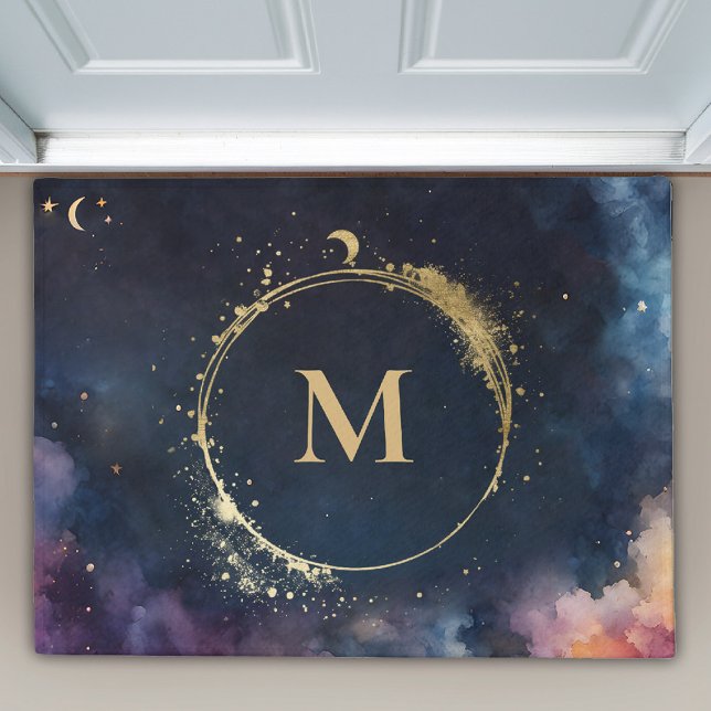 Tapete Planetas do Céu Azul de Galáxias Douradas Celestia (elestial galaxy personalized midnight blue space doormat custom monogram gift)