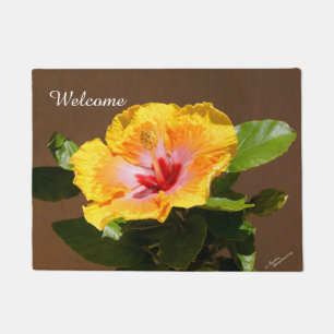 Tapete Porta-boas-vindas da flor rosa amarela do Hibiscus