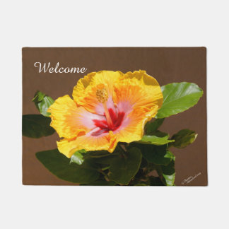 Tapete Porta-boas-vindas da flor rosa amarela do Hibiscus