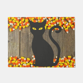 Tapete Porta de Halloween de Candy Corn com Gato Preto