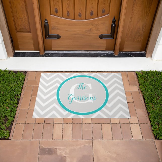 Tapete Porta de Monograma Chevron Teal (Ar livre)