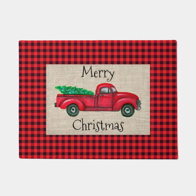 Tapete Porta de Xadrez de Natal de Caminhão Vermelho (Frente)
