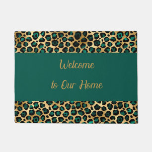 Tapete Porta em Faux Dourada e Teal Leopard Design