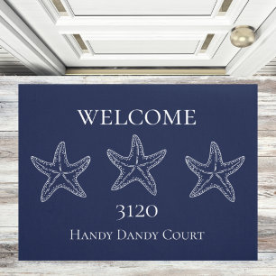 Tapete Porta Marinho Náutica Azul Starfish, Branco Perso