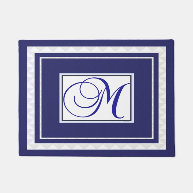 Tapete Porta Matriz Inicial M Monograma Azul Branco (Frente)
