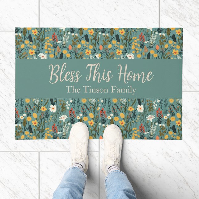 Tapete Porta Personalizável Floral "Bless This Home" ("Bless This Home" Floral Personalizable Doormat)
