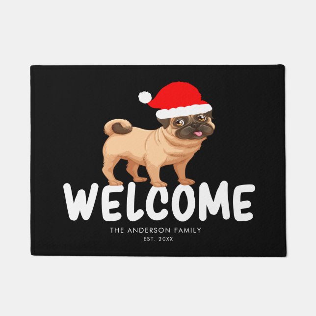 Tapete Porta Preta Personalizada Pug de Natal (Frente)