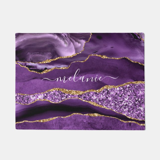 Tapete Porta Roxa Dourada Glitter com Nome Personalizado (Frente)