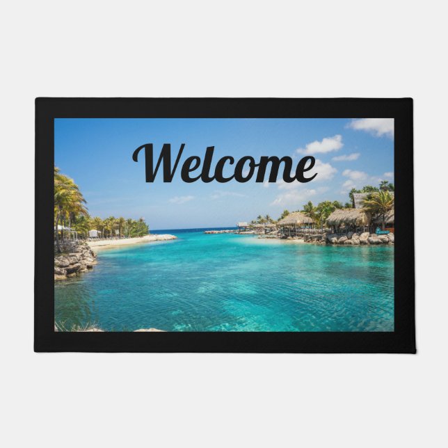 Tapete Praia Cênica Tropical com Thatch Huts bem-vindos (Frente)