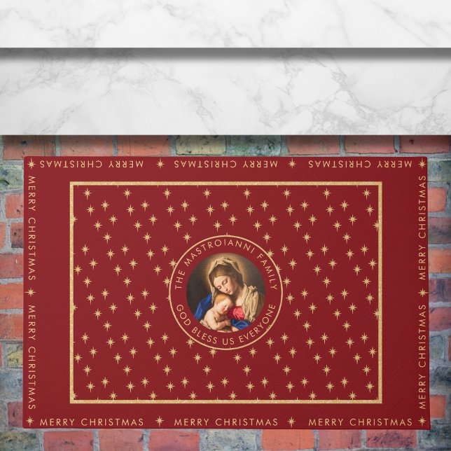Tapete Presente de Natal Religioso da Madonna e Criança (Religious Christmas doormat with Madonna and Child in red and gold for Catholics/Christians.)