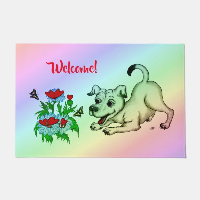 Tapete Primavera despertando, puppy com flores e borbolet (Frente)