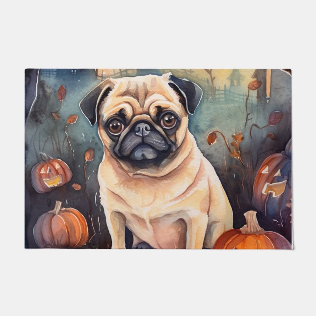 Tapete Pug de Halloween com Abóboras Assustador  (Frente)