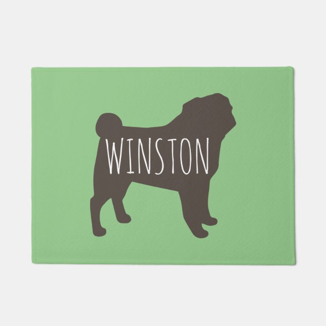 Tapete Pug Silhouette | Cinzas e Verde Personalizado (Frente)