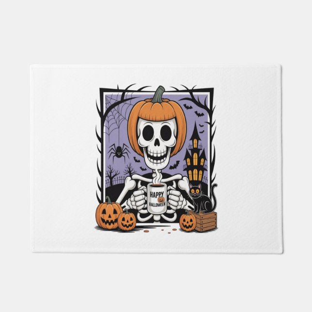 Tapete Pumpkin Skeleton Bebendo Café (Frente)