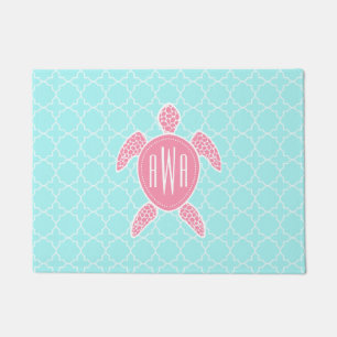 Tapete Quatrefoil azul + Doormat cor-de-rosa do monograma