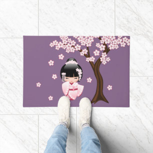 Tapete Quimono Rosa Boneca Kawaii Kokeshi em Roxo