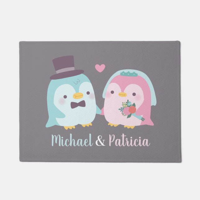 Tapete Recém-Casados Adorável Noivo Pinguim e Noiva (Frente)