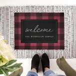 Tapete Red & Black Plaid Personalized Welcome<br><div class="desc">Add a farmhouse style touch to your entryway with this rustic buffalo plaid patterned doormat in classic cranberry red and black. "Welcome" appears in the center in casual handwritten script lettering; personalize with your family name beneath.</div>