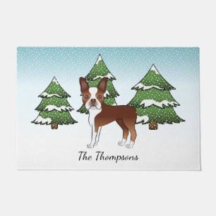 Tapete Red Boston Terrier em uma floresta e nome de inver