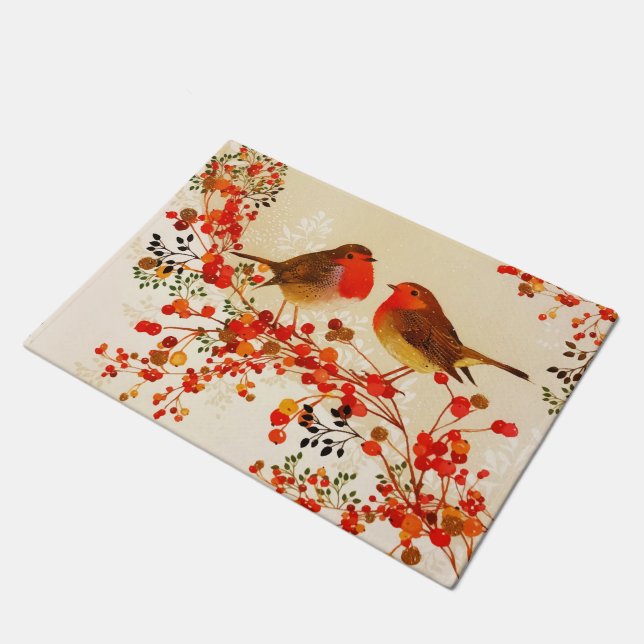 Tapete Red Dourado Winter Birds Holly Berry Branches (Inclinado)