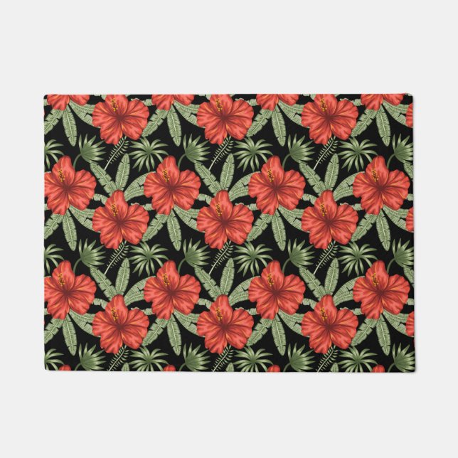 Tapete Red tropical flowers seamless pattern green leaves (Frente)