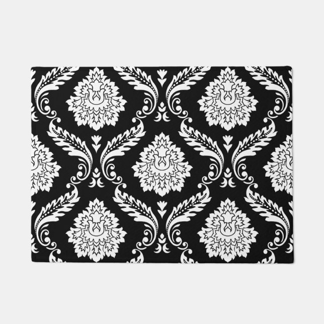 Tapete Rococo Damask Padrão Grande Branco no Preto (Frente)