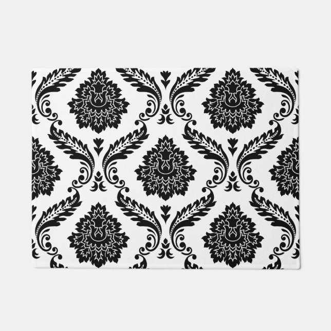 Tapete Rococo Damask Padrão Grande Preto no Branco (Frente)
