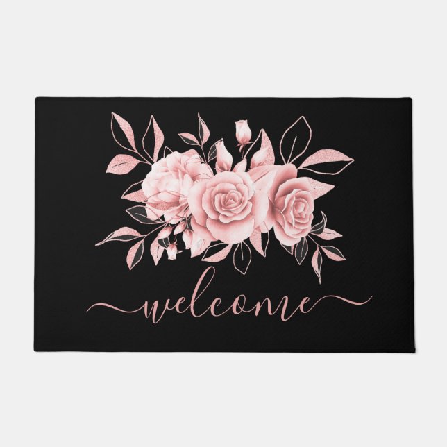 Tapete Rosa Dourado Black Floral Watercolor "Welcome" (Frente)