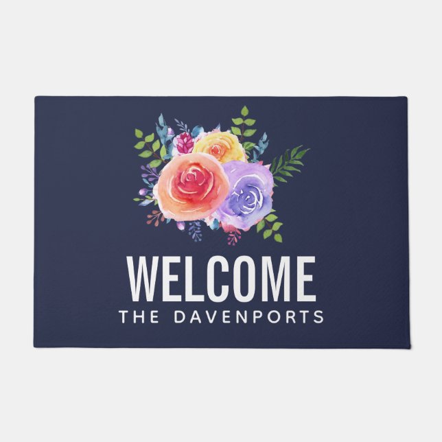 Tapete Rosas de Aquarela Moderna Buquê Floral Bem-vindo (Frente)