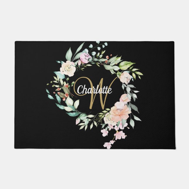 Tapete Rosas Elegantes Floral Dourado Monograma Script Pr (Frente)