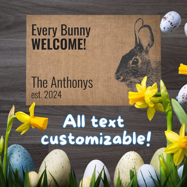Tapete Russo Moderno Coelho Negro Coelho Bem-Vindo Mat (Bunny entryway mat greets guests with your custom text and name is perfect all year long!)