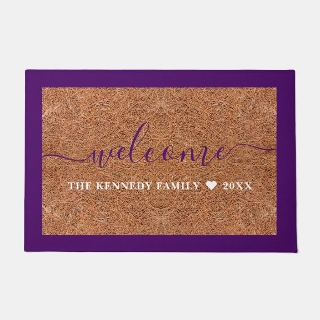 Tapete Rustic Coir Welcome Family Name Purple Outdoor (Frente)