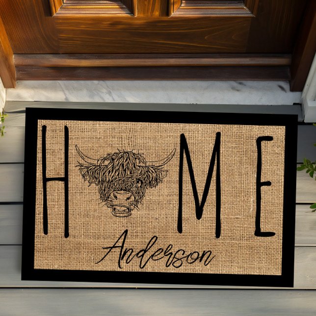 Tapete Rustic Country Cool Cow Faux Burlap Family Name (Criador carregado)